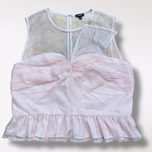 Express Women Pink Tulle Dot Twist Front‎ Peplum Tank Top Size L Boho Coquette - Picture 1 of 8